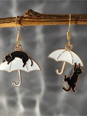 Black Cat on White Umbrella Enamel Dangle Earrings